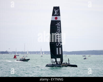 Portsmouth, England, July 23rd 2015. Softbank Team Japan return to Portsmouth Harbour after the first practice session of the Americas Cup World Series in the Solent. The Americas Cup World Series takes place in Portsmouth between the 23 July and the 26th July 2015 Credit:  simon evans/Alamy Live News Stock Photo