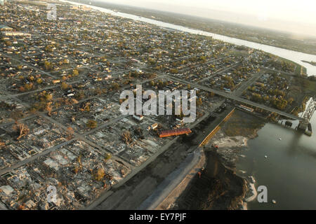 Aerial view of levee breach by a barge in New Orleans' Lower Ninth Ward in the aftermath of Hurricane Katrina.
