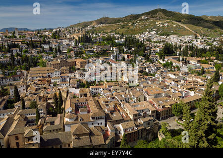 View of Albaicin with Church of Saint Nicholas lookout and Iglesia del Salvador from Alcazaba fortress in Granada Spain Stock Photo