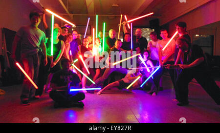 Midtown New York, USA. 25th June, 2015. The New York Jedis in a training room with their lightsabers in Midtown New York, USA, 25 June 2015. They meet to practise combat as it appears in Star Wars, except that they are using plastic weapons. PHOTO: THORBEN RATH/DPA (BEST POSSIBLE QUALITY) © dpa/Alamy Live News Stock Photo