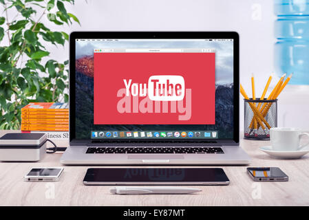 Varna, Bulgaria - May 31, 2015: YouTube logo on the front view Apple MacBook Pro screen. YouTube presentation concept. Stock Photo