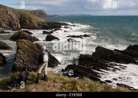 Rear view of people in foreground looking out at rugged coastline Stock Photo
