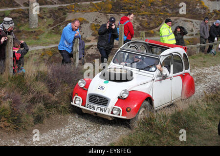 A red and cream Citroen 2CV car takes part in a hill climb event. Stock Photo