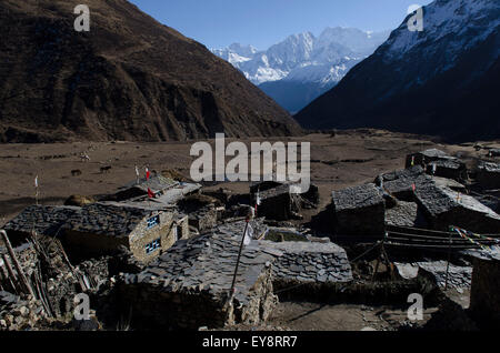 looking south over roof tops in the village of Samdo in the upper Nubri Valley of the Manaslu Circuit Trek Stock Photo