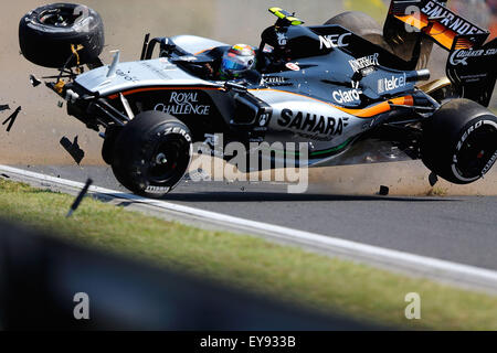 Budapest, Hungary. 24th July, 2015. SERGIO PEREZ of Mexico and Sahara Force India F1 Team has a crash during the first free practice session of the Hungarian Grand Prix at the Hungaroring. (Credit Image: © James Gasperotti via ZUMA Wire) Credit:  ZUMA Press, Inc./Alamy Live News Stock Photo