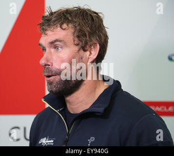 America’s Cup Skippers Days Two at Southsea event village  Southsea,Hampshire Friday 24  July 2015.   As Bad weather continues to lash the South  putting a dampener on  America Cup on Southsea Common Oracle Team USA Skipper: Jimmy Spithill Artemis Racing Skipper: Nathan Outteridge ,BAR – Ben Ainslie Racing Skipper/Helmsman: Sir Ben Ainslie Softbank Team Japan Skipper: Dean Barker Groupama Team France Skipper / Helmsman: Franck Cammas,Emirates Team New Zealand Skipper: Peter Burling. Daily Press conference   Credit:  uknip/ Alamy Live News Stock Photo