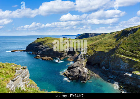 View along coast from ruins of Tintagel Castle, a site linked with the legend of King Arthur, Cornwall, England, UK Stock Photo