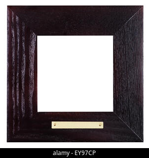 square flat black wooden picture frame with brass plate with cut out blank space isolated on white background Stock Photo