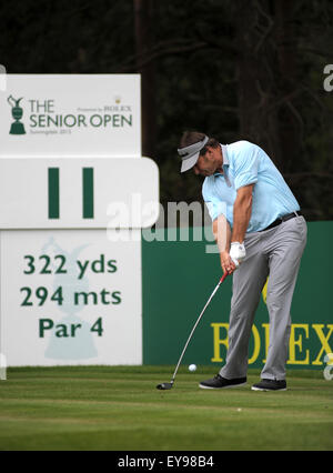 Sunningdale, UK. 23rd July, 2015. Nick Faldo of England plays his tee shot on the 11th hole during the first round of The Senior Open Championship at Sunningdale Golf Club on July 23, 2015 in Sunningdale, England. Credit:  David Partridge / Alamy Live News Stock Photo