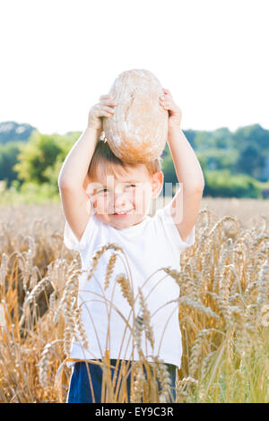 Boy with the bread over your head in the mature grain with the sun at your back for dream atmosphere Stock Photo