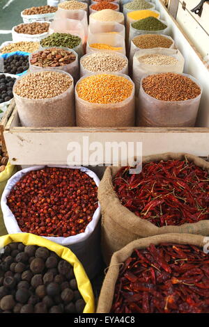 Spices and dried foods in the Manama souk, Kingdom of Bahrain Stock Photo