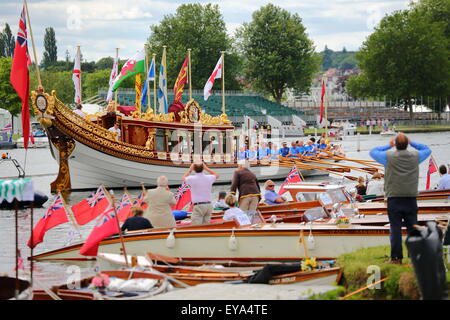 The Royal Barge Gloriana on the Thames at Henley, where classic boats gathered at the Henley Traditional Boat Festival 2015 Stock Photo
