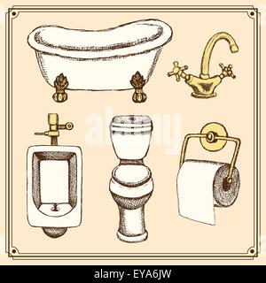 Sketch bathroom and toilet equipment in vintage style, vector Stock Vector