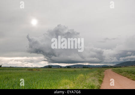 Storm clouds over an arable landscape in Ciudad Real province, Spain Stock Photo
