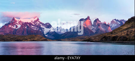 Sunrise over Cuernos del Paine and Lago Pehoe, Torres del Paine National Park, Chilean Patagonia, Chile Stock Photo