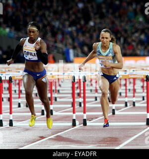 London, UK. 24th July, 2015. Cindy Ofili (left) (GBR) and Jessica Ennis-Hill (right) (GBR) competing in the womens 100m Hurdles during the Sainsbury’s Anniversary Games Diamond League event at The Queen Elizabeth Olympic Park on July 24, 2015 in London, UK Credit:  Grant Burton/Alamy Live News Stock Photo