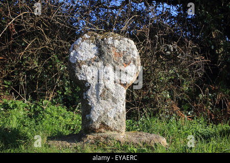 An ancient roadside Cross carved in the local granite, Cornwall, England, UK.
