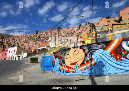 Mural on wall in city suburb on steep hillside, La Paz, Bolivia Stock Photo
