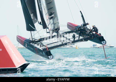 Portsmouth, UK. 25th July 2015. Team Oracle USA round the windward mark during the second race with only one rudder left in the water. Credit:  MeonStock/Alamy Live News Stock Photo