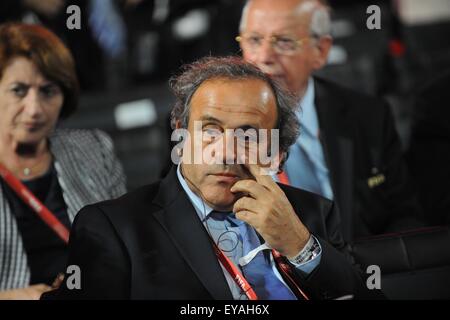 St.Petersburg. 25th July, 2015. UEFA President Michel Platini attends the preliminary draw for the 2018 FIFA World Cup at Konstantin Palace in St. Petersburg, Russia July 25, 2015. Credit:  Dai Tianfang/Xinhua/Alamy Live News Stock Photo