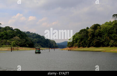 Pleasure boat wading through the dried tree remains in the Periyar Tiger Reserve and Wild Life Sanctuary Lake in Thekkady Stock Photo
