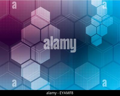 abstract background with blue and purple hexagons and wires Stock Vector