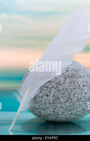 White feather resting on a rock Stock Photo