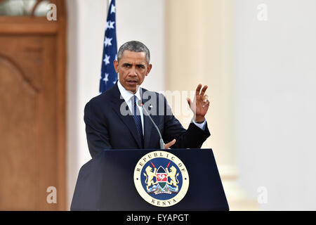 Nairobi, Kenya. 25th July, 2015. U.S. President Barack Obama speaks during a joint press conference with Kenyan President Uhuru Kenyatta in Nairobi, Kenya, July 25, 2015. Kenya and the U.S. on Saturday reaffirmed their commitment on security cooperation and in the war against terrorism to help prevent future terror attacks in the East African nation. (Xinhua/Sun Ruibo) Credit:  Xinhua/Alamy Live News Stock Photo