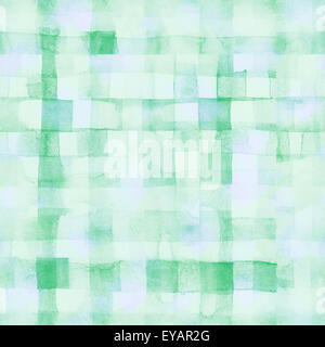 Green lines and squares painted watercolor pattern. Seamless background Stock Photo