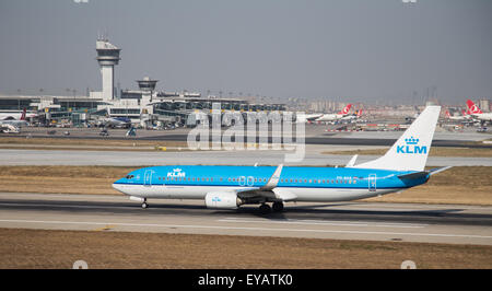 ISTANBUL, TURKEY - JULY 09, 2015: KLM Boeing 737-8K2 (CN 29598/639) takes off from Istanbul Ataturk Airport. KLM is the flag car Stock Photo