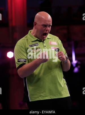 Michael van Gerwen celebrates his victory over Jeffrey de Graaf during ...