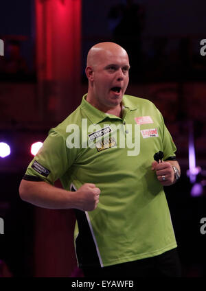 Michael van Gerwen celebrates his victory over Jeffrey de Graaf during ...