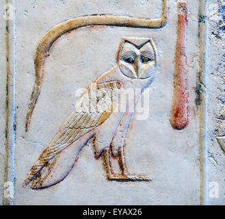 Luxor, Egypt. Temple of Merenptah (Baenra Meriamon) XIX° dyn. son of Ramses II the Great: a hieroglyph of a owl Stock Photo