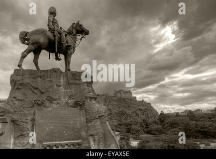 B/W Statue/Plaque in memory of the Royal Scots Greys, Princes St, Edinburgh, Scotland, UK Stock Photo