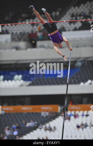 Piotr Lisek (POL) competing in the Men's Pole Vault competition, on day two of the Sainsbury's Anniversary Games at the Queen Elizabeth II Olympic Park, London. Lisek came 5th in the competition. Stock Photo