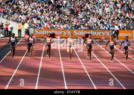 London, UK. 25th July, 2015. Dafne SCHIPPERS, Alexandria ANDERSON, Blessing OKAGBARE-IGHOTEGUONOR, Bianca WILLIAMS, Tianna BARTOLETTA, Shalonda SOLOMON, Daryll NEITA, Women's 100m heat 2, Diamond League Sainsbury's Anniversary Games, Queen Elizabeth Olympic Park, Stratford, London, UK. Credit:  Simon Balson/Alamy Live News Stock Photo