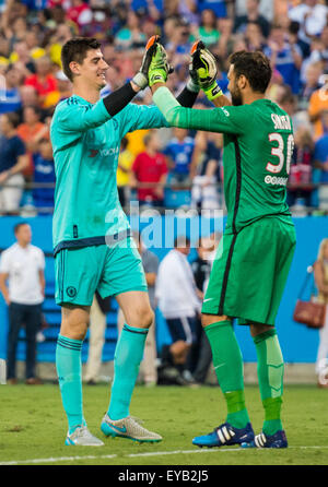 Charlotte, NC, USA. 25th July, 2015. #13 Chelsea G Thibaut Courtois and #30 PSG G Salvatore Sirigu during the International Champions Cup match between Chelsea FC and Paris Saint-Germain at Bank of America Stadium in Charlotte, NC. Jacob Kupferman/CSM/Alamy Live News Stock Photo