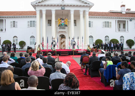 Kenya. 25th July, 2015. US President Barack Obama speaks during a joint news conference with his Kenyan counterpart Uhuru Kenyatta at the State House in Nairobi Kenyan Capital. Obama is on his three day visit to the country, his first visit to his father's homeland since becoming president. He promoted Africa as a hub for global economic growth during a four-day state visit to Kenya and Ethiopia to address terrorism, economic recovery and human rights. © Tom Maruko/Pacific Press/Alamy Live News Stock Photo