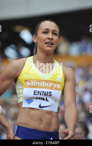 Jessica Ennis-Hill (GBR) competing in the Women's Long Jump competition, on day two of the Sainsbury's Anniversary Games at the Queen Elizabeth II Olympic Park, London. Ennis-Hil came 6th, jumping 6.37m, her best distance this season. Stock Photo