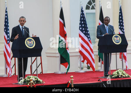 Kenya. 25th July, 2015. US President Barack Obama speaks during a joint news conference with his Kenyan counterpart Uhuru Kenyatta at the State House in Nairobi Kenyan Capital. Obama is on his three day visit to the country, his first visit to his father's homeland since becoming president. He promoted Africa as a hub for global economic growth during a four-day state visit to Kenya and Ethiopia to address terrorism, economic recovery and human rights. Credit:  Tom Maruko/Pacific Press/Alamy Live News Stock Photo