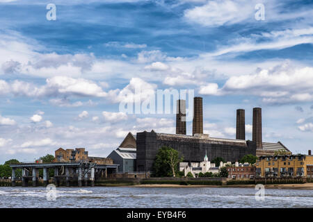 Greenwich Power station and old coal jetty pier on the river Thames, London Borough of Greenwich, South East London, UK Stock Photo