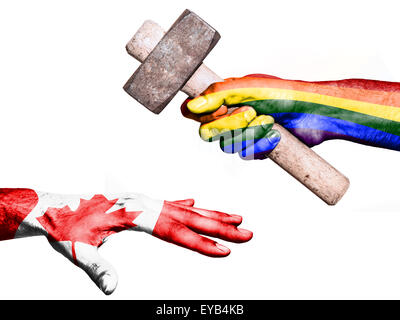 Flag of Peace overprinted on a hand holding a heavy hammer hitting a hand representing the Canada. Conceptual image for politica Stock Photo