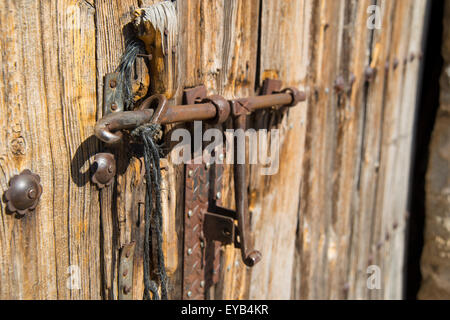 Rustic wooden door. Close view. Stock Photo