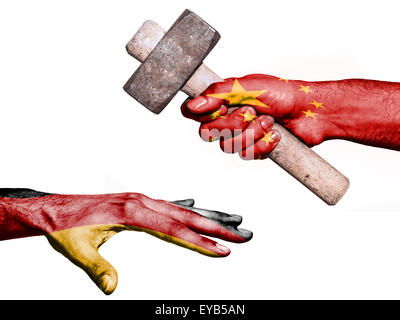 Flag of China overprinted on a hand holding a heavy hammer hitting a hand representing the Germany. Conceptual image for politic Stock Photo