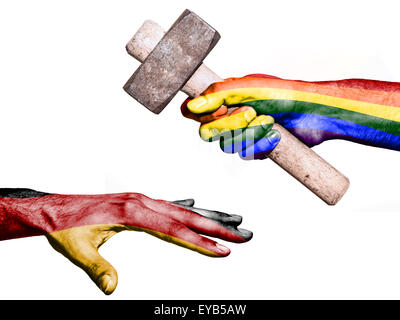 Flag of Peace overprinted on a hand holding a heavy hammer hitting a hand representing the Germany. Conceptual image for politic Stock Photo