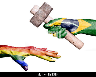 Flag of Brazil overprinted on a hand holding a heavy hammer hitting a hand representing the Peace. Conceptual image for politica Stock Photo