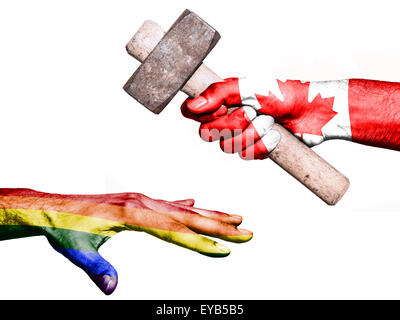 Flag of Canada overprinted on a hand holding a heavy hammer hitting a hand representing the Peace. Conceptual image for politica Stock Photo