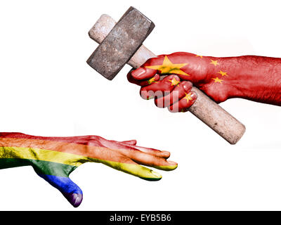 Flag of China overprinted on a hand holding a heavy hammer hitting a hand representing the Peace. Conceptual image for political Stock Photo