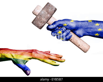 Flag of European Union overprinted on a hand holding a heavy hammer hitting a hand representing the Peace. Conceptual image for Stock Photo