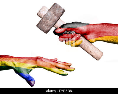 Flag of Germany overprinted on a hand holding a heavy hammer hitting a hand representing the Peace. Conceptual image for politic Stock Photo